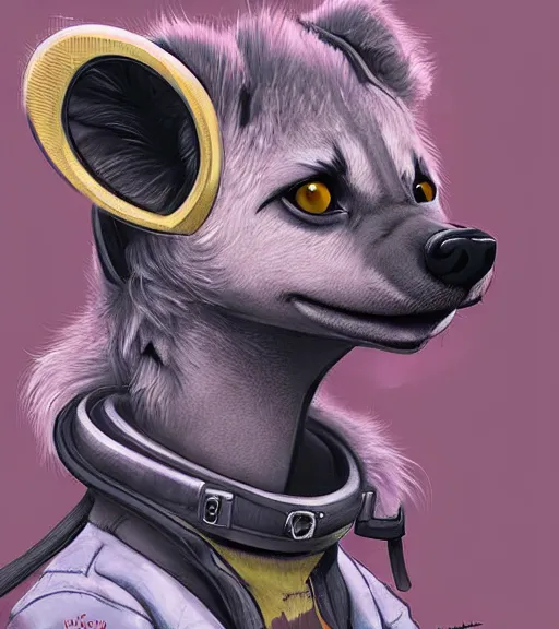 Image similar to digital detailed art of furry female hyena, in style of zootopia, fursona, furry, furaffinity, deviantart, wearing astronaut outfit, floating in space, space background, hyena fursona, cyberpunk, detailed face, style of artgerm,