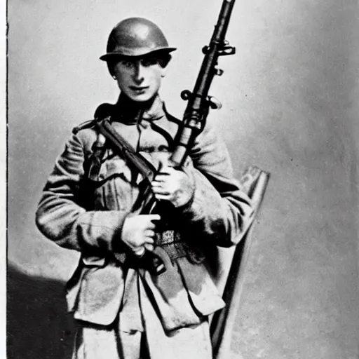 Prompt: old wartime photograph of spiderman holding a lewis gun, 1 9 1 7