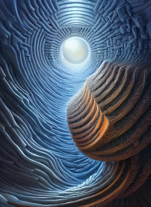 Image similar to a hyper - detailed 3 d render like a oil painting of the construction of a upward spiral, surrealism!!!!! surreal concept art, lifelike, photorealistic, digital painting, aesthetic, smooth, sharp focus, artstation hd, by greg rutkowski, bruce pennington, valentina remenar and asher duran,