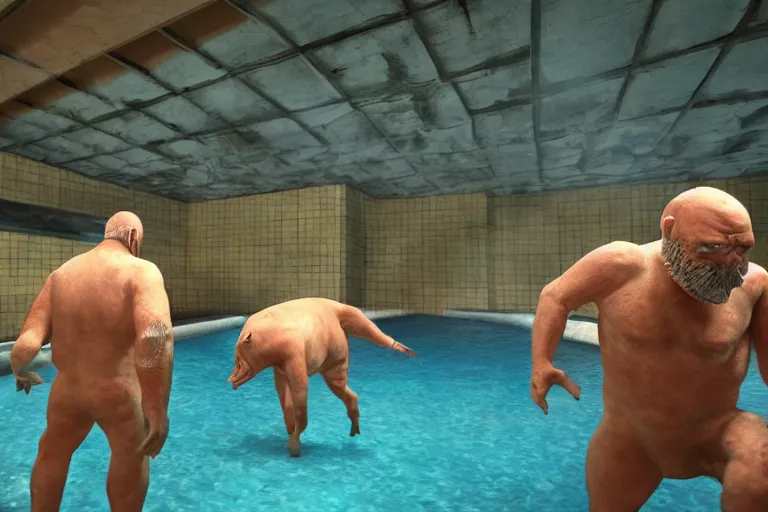 Image similar to photo, two old men fight pig mutants 4 0 1 2 7 inside a swimming pool, highly detailed, scary, volumetric lighting, front view