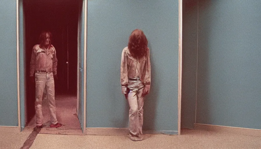 Image similar to 7 0 s film still from a horror movie featuring a person suffering from treacher collins syndrome standing alone in a liminal space, kodachrome, cinecolor, cinestill, photorealism, cinematic, film grain, film texture, vhs recording