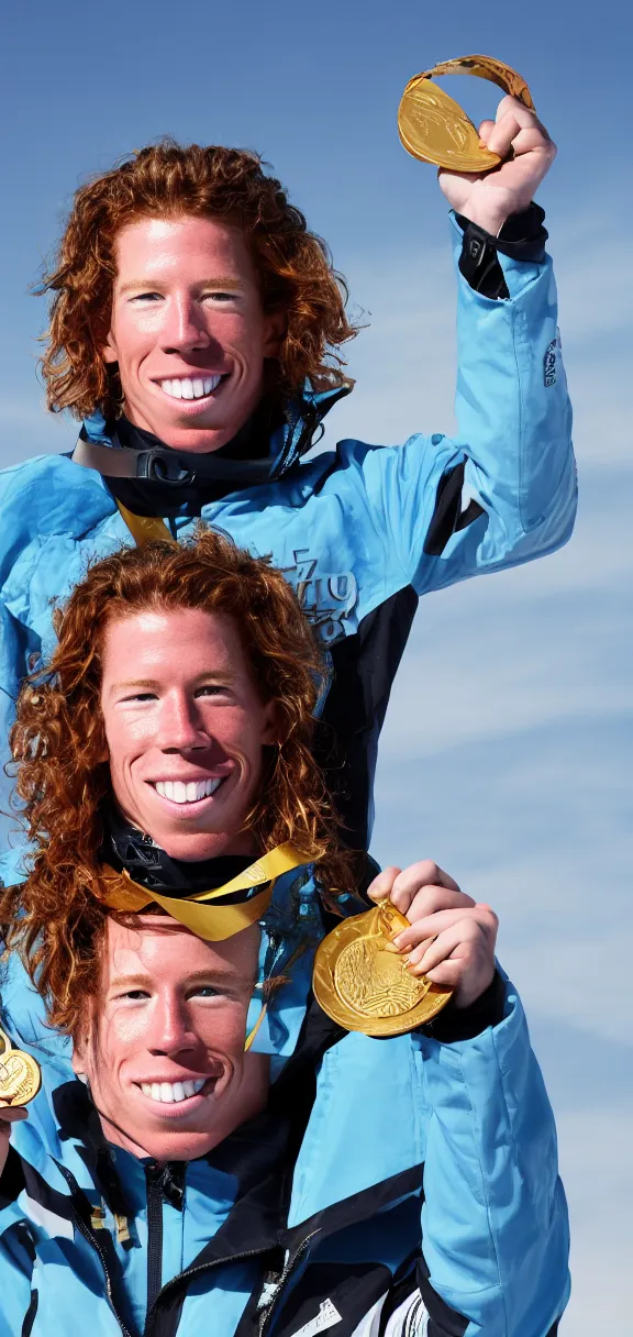 Prompt: high quality photograph of shaun white holding a gold medal with blue sky above him, rule of thirds, upper body shot, high quality, portrait image, nikon d 7 8 0