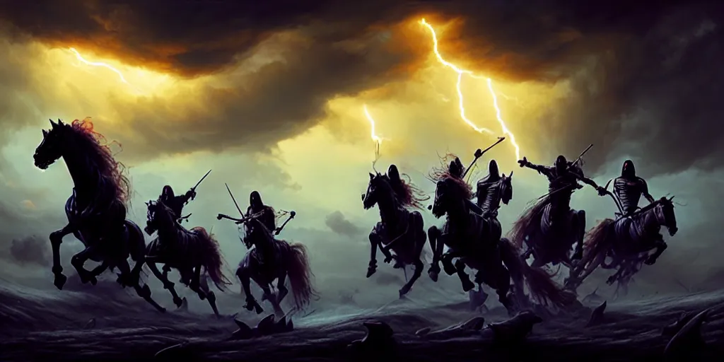 Image similar to ”four horsemen of the apocalypse riding skeleton horses towards the camera [epic, cinematic, scary, intimidating, horror, war, battle, hell, storm clouds, lightning, octane render, 8k, mattepainting, art by wlop and paul lehr and greg rutkowski]”