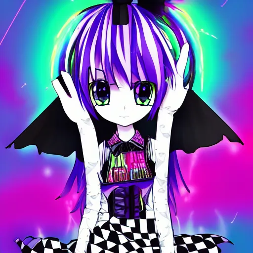 Image similar to emo anime girl, scene, rainbowcore, vhs monster high, glitchcore witchcore, checkered spiked hair, pixiv