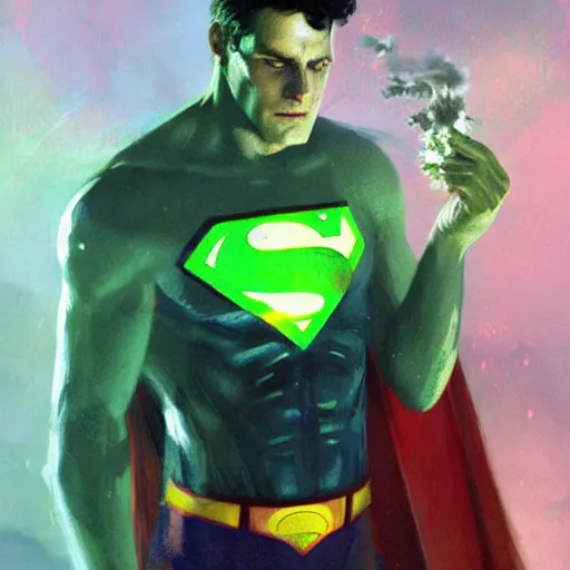 Prompt: superman smoke kryptonite dust cocaine, green kryptonite, art by greg rutkowski