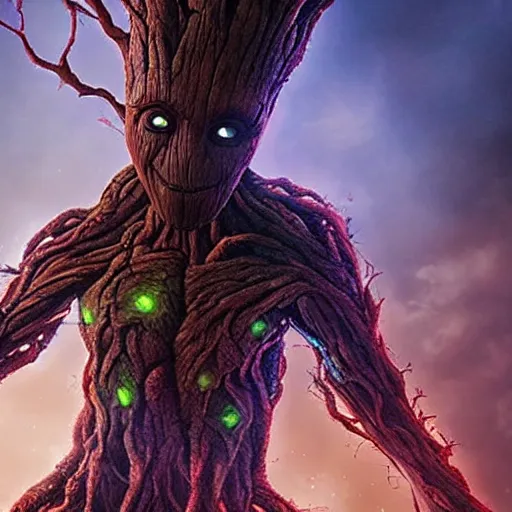 Prompt: a giant lovecraftian groot destroying a city, epic lighting, realistic