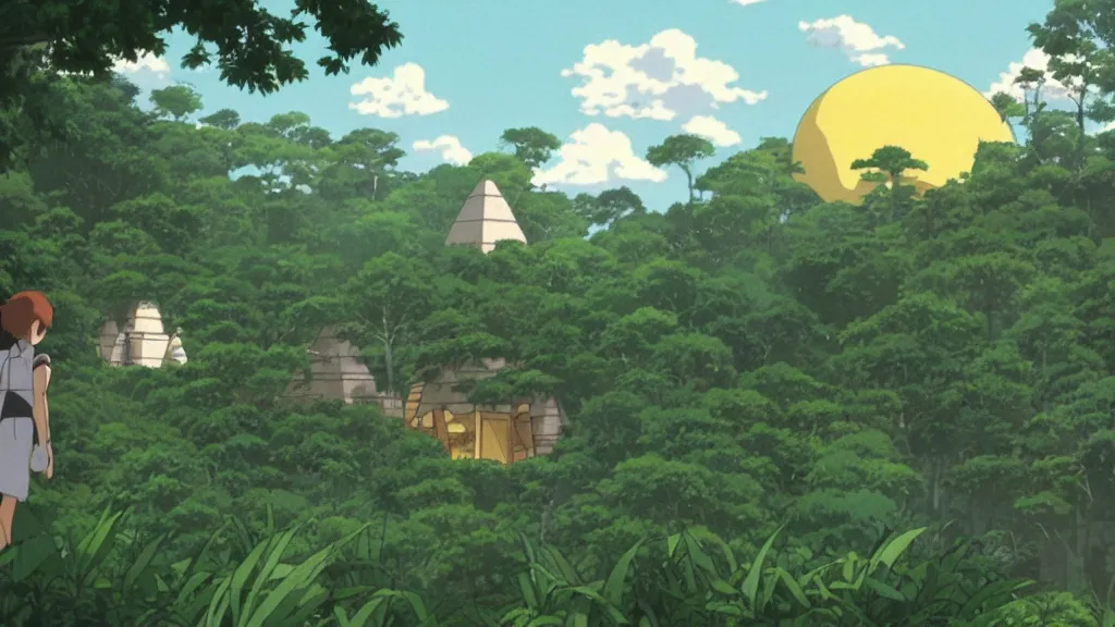 Image similar to a movie still from a studio ghibli film showing several large white pyramids and a golden ufo in the amazon jungle. by studio ghibli