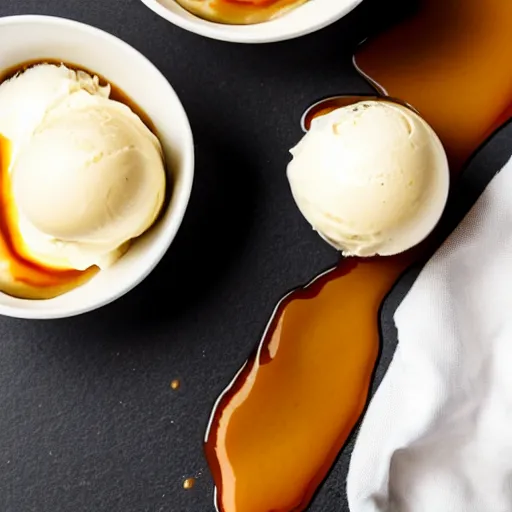 Image similar to closeup of a bowl with three balls of plain vanilla ice cream with caramel sauce. Simplistic. Food photography.