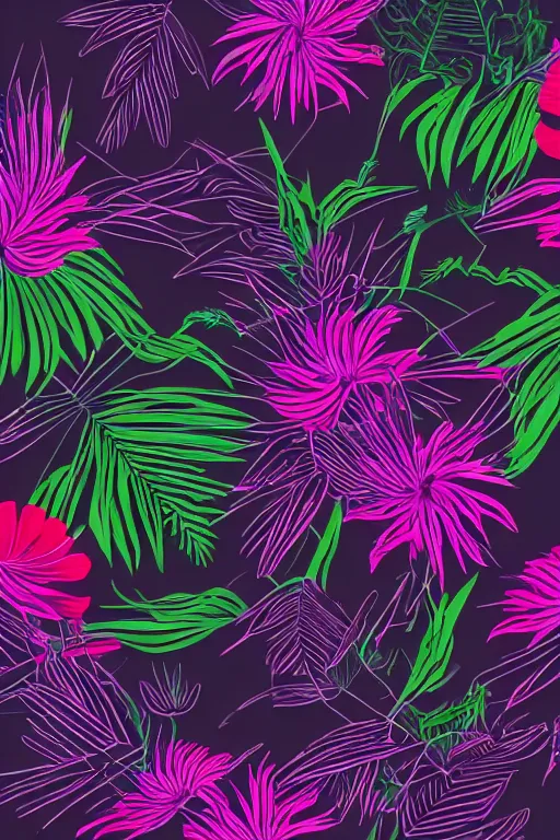 Image similar to sombre detailed vector illustration of photorealistic robotic tropical flowers and green wirey leaves, multiple cohesive colors ranging from warms purples to bright oranges on a ((very dark black factory background)), 4K resolution, trending on artstation, hd wallpaper