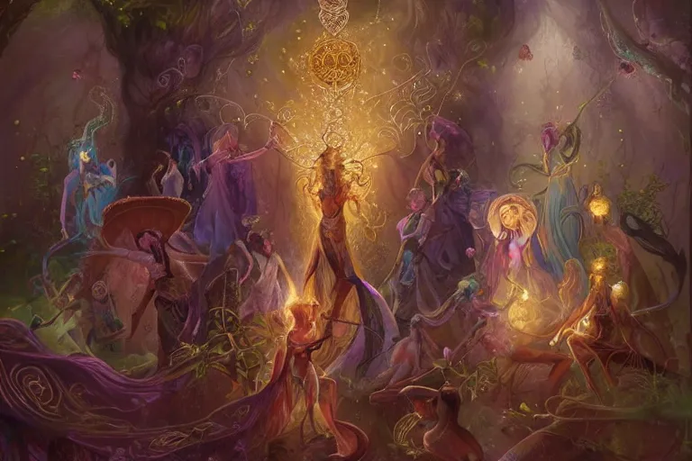 Image similar to the muses. threads of magic emanate to the world... a sacred chant rivendell, the garden of eden, sacred singers they who took up the strings of the deep, and turned the cacophony of an angry world into songs of unity and peace. morning lighting hopeful, cinematic fantasy painting, dungeons and dragons, jessica rossier and brian froud