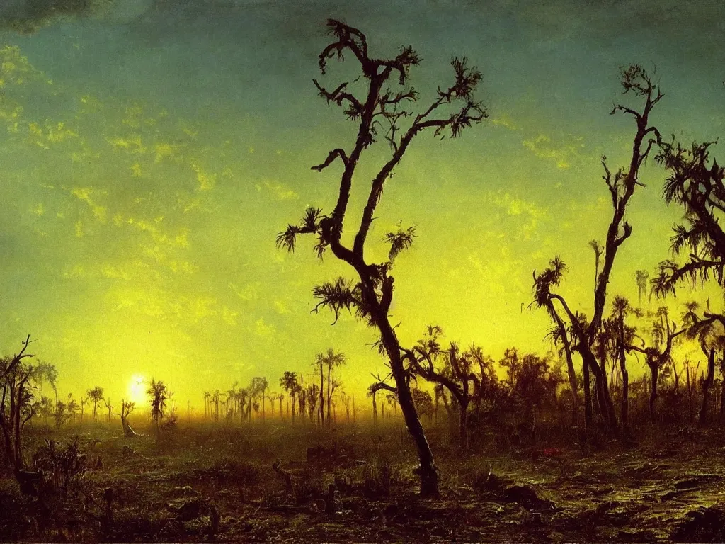 Prompt: a post apocalyptic west florida landscape after a nuclear war, beautiful radioactive sunset lighting, beautiful painting, miami beach, painted by albert bierstadt