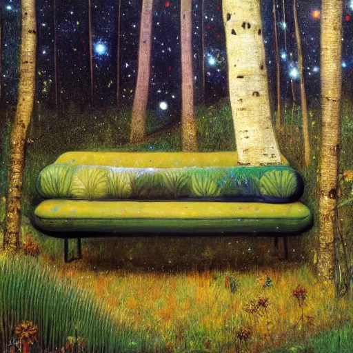 Image similar to psychedelic couch sofa in the lush pine forest, milky way, designed by arnold bocklin, jules bastien - lepage, tarsila do amaral, wayne barlowe and gustave baumann, cheval michael, trending on artstation, canada, star, sharp focus, colorful refracted sparkles and lines, soft light, 8 k 4 k