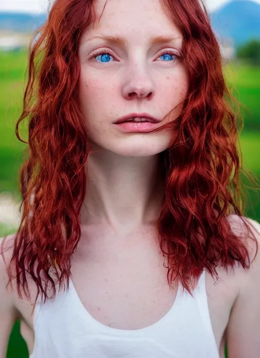 Image similar to close up portrait photograph of a thin young redhead woman with russian descent, sunbathed skin, with deep blue eyes. Wavy long maroon colored hair. she looks directly at the camera. Slightly open mouth, face takes up half of the photo. a park visible in the background. 55mm nikon. Intricate. Very detailed 8k texture. Sharp. Cinematic post-processing. Award winning portrait photography. Sharp eyes.