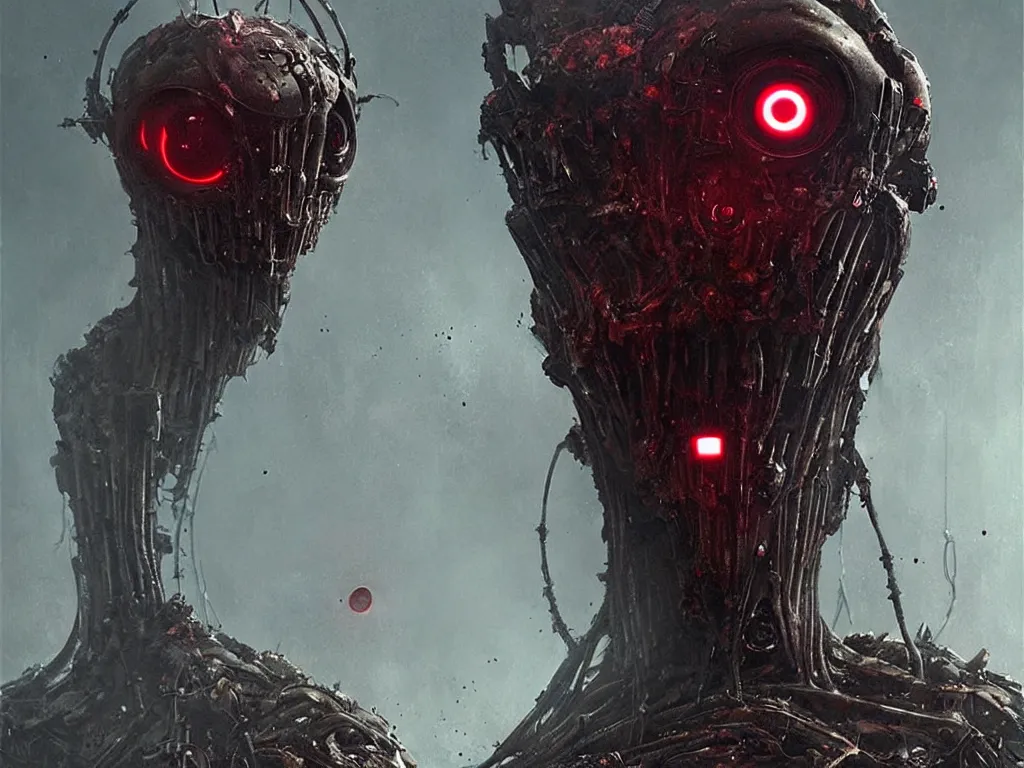 Image similar to an uncanny and sinister robot with red eyes and organic matter all over its body, by Greg Rutkowski and HR Giger, cinematic, horror, sci-fi, sharp focus, highly detailed