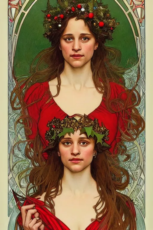 Prompt: realistic art nouveau style detailed portrait of alicia vikander wearing a holly wreath as a crown at christmas by alphonse mucha, charlie bowater, anddonato giancola art nouveau style, white red and green christmas colors