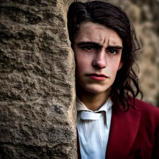 Image similar to Portrait of a terrified young man on the verge of tears in 1930s attire with long hair cornered against a stone wall. He is looking utterly panicked and distressed. 4K sigma 85mm