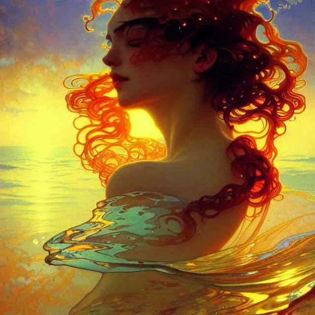 Prompt: mind bending ocean waves of glossy liquid honey drops flowing like psychedelic translucent amber, lsd waves, lsd ripples, backlit, sunset, refracted lighting, art by collier, albert aublet, krenz cushart, artem demura, alphonse mucha