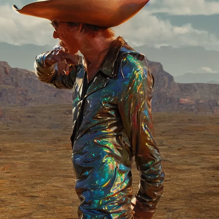 Image similar to 1 9 7 0's spaghetti western film octane render portrait by wayne barlow and carlo crivelli and glenn fabry, a person wearing a shiny colorful iridescent full - body latex suit and cowboy hat covered in colorful slime, standing in a scenic western landscape, cinema 4 d, ray traced lighting, very short depth of field, bokeh