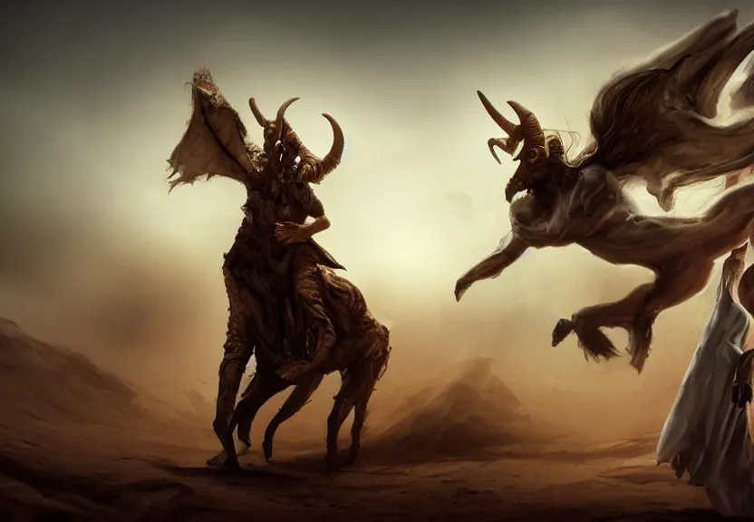 Image similar to angel vs demon, terrific jinn demon in middle of desert with hoof on his feet and goat face with long cloth afraid of beautiful powerful angel, epic angel, wporfull angel, good vs evil, atmosphere, harsh lighting, cinematic lighting,, award wining art, artstation, high details, concept art, 4 k