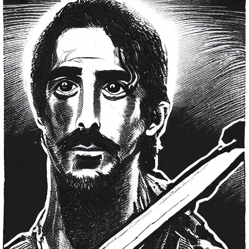 Image similar to pen and ink!!!! attractive 22 year old deus ex Frank Zappa x Ryan Gosling golden!!!! Vagabond!!!! magic swordsman!!!! glides through a beautiful battlefield magic the gathering dramatic esoteric!!!!!! pen and ink!!!!! illustrated in high detail!!!!!!!! by Hiroya Oku!!!!!!!!! Written by Wes Anderson graphic novel published on shonen jump MTG!!! 2049 award winning!!!! full body portrait!!!!! action exposition manga panel