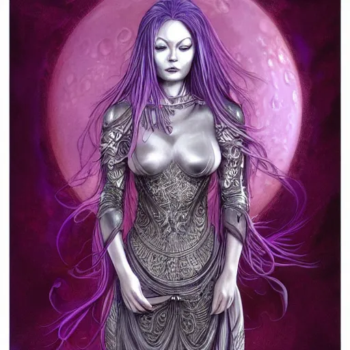 Prompt: portrait of prophetess of the moon, silver filigree armor, purple hair, translucent skin, beautiful! coherent! by brom, by junji ito, strong line, high contrast, muted color