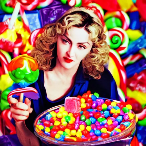 Prompt: stock photo. madonna and child, holding candy. jar of candy. lollipop, candy bar, gumdrop, fudge.