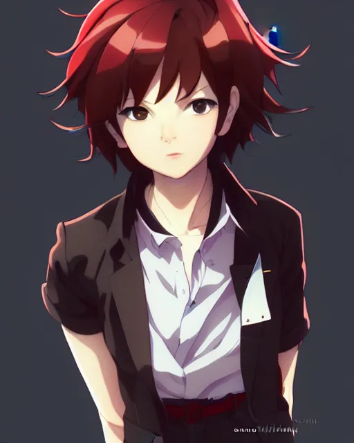 Image similar to makoto shinkai, artgerm, yoji shinkawa, ilya kuvshinov, loish, beautiful anime woman, wearing full clothing red shirt brown pants, clockpunk, black and red hair hair, symmetrical face, symmetrical eyes, full round face, short smile, detailed, summer setting, cinematic lighting