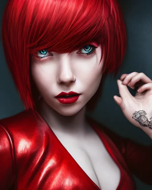 Image similar to a girl with short red hair, cool, vi from arcane, league of legends, fighter, cool red jacket, tattoo, beautiful, 3 d, potrait, art staion, studio light, closeup shot, octane render, wlop, realistic, neon