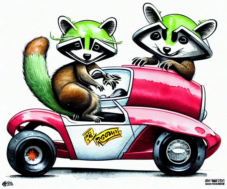 Image similar to cute and funny, racoon wearing a helmet riding in a tiny hot rod 2 0 0 2 plymouth prowler with oversized engine, ratfink style by ed roth, centered award winning watercolor pen illustration, isometric illustration by chihiro iwasaki, edited by range murata, details by artgerm