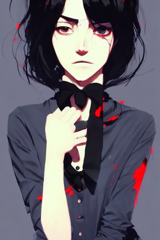 Image similar to a ultradetailed beautiful panting of a stylish woman wearing a shirt with a tie, she has black hair, by conrad roset, greg rutkowski and makoto shinkai, trending on artstation