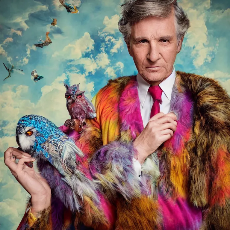 Prompt: high fashion photoshoot octane render portrait by wayne barlow and carlo crivelli and glenn fabry, a distinguished actor wearing a colorful wes anderson designed uniform and holding a tie - dye owl inside a high - end exotic colorful pastel vintage boutique hotel lounge, very short depth of field, bokeh