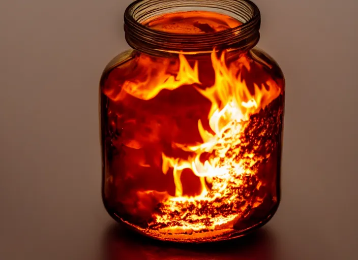 Prompt: dslr photograph of a jar filled with fire, 8 5 mm f 1. 8
