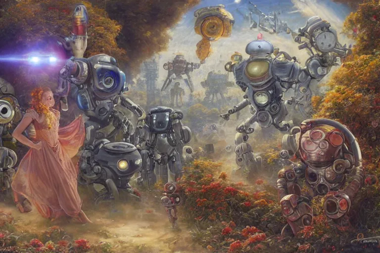 Prompt: derpy shiny mechanical android robots, Lilia Alvarado, Sophie Anderson, Mark Arian, Bob Byerley, Charlie Bowater, Mark Brooks, Steve Henderson, Justin Gerard, Arthur Hughes, Edward Robert Hughes, Mark Keathley, Victor Nizovtsev, Carlos Shwabe, Ross Tran, WLOP