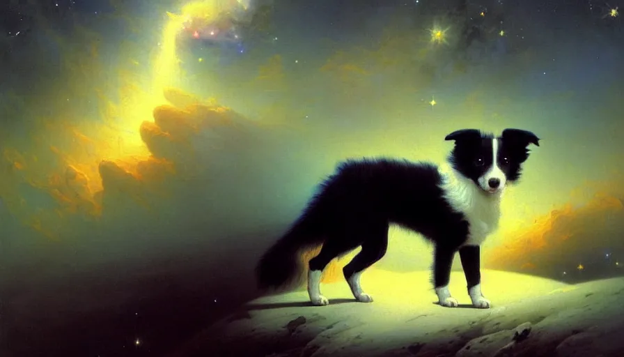 Prompt: highly detailed painting of cute baby border collie puppy astronaut cosmonaut wearing a spacesuit by ivan aivazovsky, thick brush strokes and visible paint layers, 4 k resolution, outer space nebula background