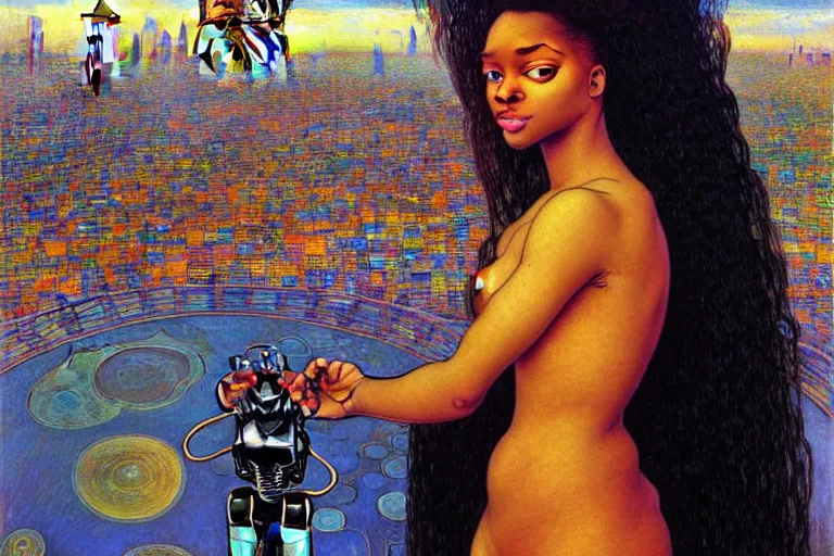 Image similar to realistic extremely detailed portrait painting of a beautiful black woman with a robot, city street on background by Jean Delville, Amano, Yves Tanguy, Ilya Repin, William Holman Hunt, Alphonse Mucha, Ernst Haeckel, Edward Robert Hughes, Roger Dean, rich moody colours