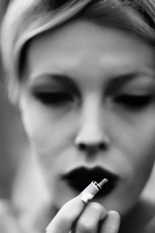 Image similar to extreme close-up black and white portrait, beautiful white woman smokes cigarette, Peter Lindbergh, 35mm, film photo, small aperture