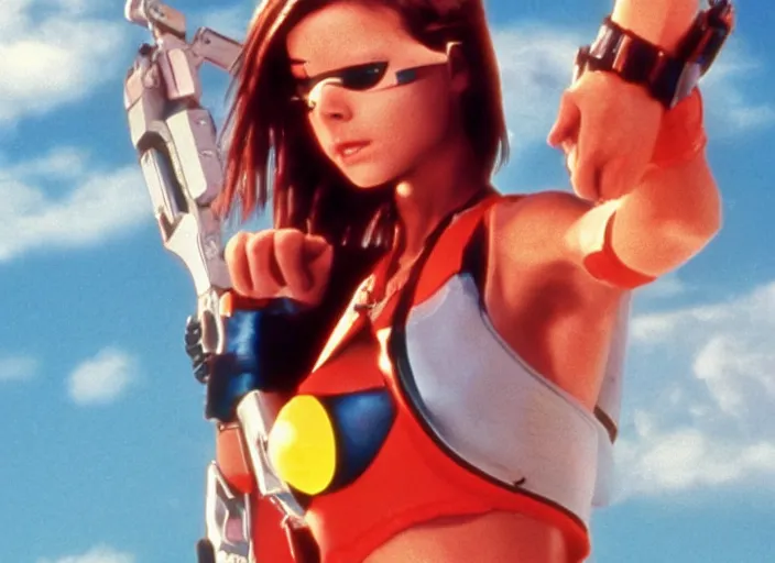 Image similar to a film still of a waman called tracer from overwatch in baywatch ( 1 9 8 9 )