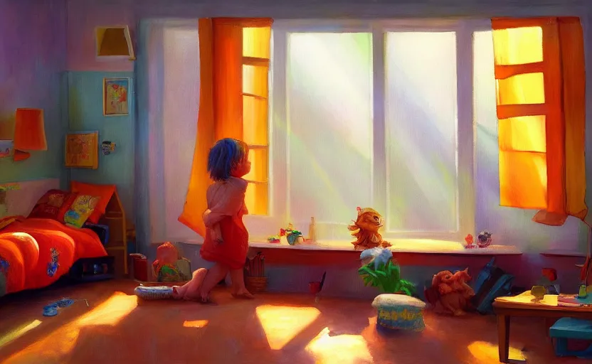 Image similar to happy morning and the rays of the morning sun shining through the window of kid's room in the village house clear sky, warm colors, happy mood, oil painting, high detail, trending on artstation