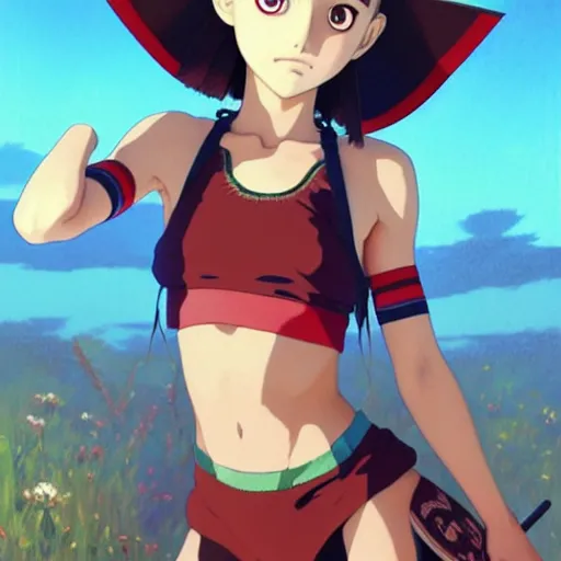 Image similar to beautiful boyish natalie portman gravure model in majora's mask, wearing wooden mask and baseball cap and leotard, street wear with subtle mayan patterns, aztec bathing suit, gapmoe yandere grimdark, trending on pixiv fanbox, painted by greg rutkowski makoto shinkai takashi takeuchi studio ghibli, akihiko yoshida