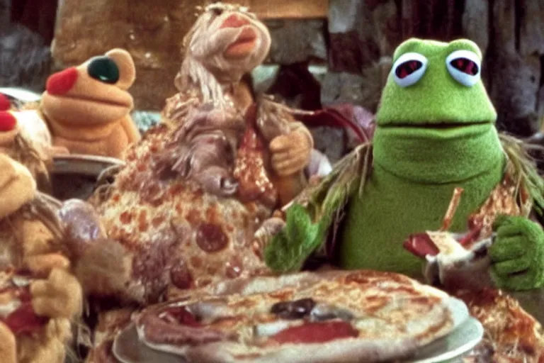 Image similar to a film still of pizza the hut in the muppets, high quality