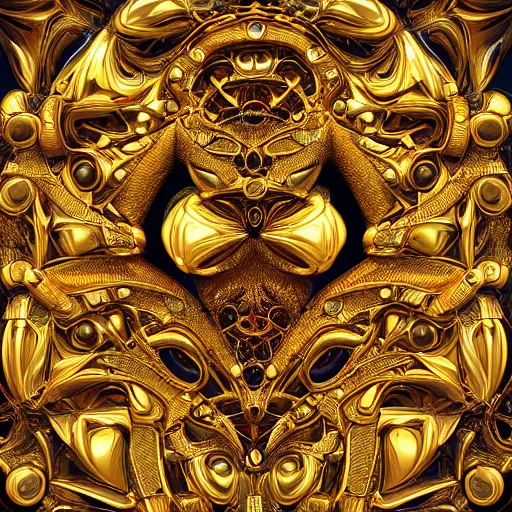 Image similar to a beautiful symmetrical being made of golden ornaments by android jones, 3D, 8k resolution