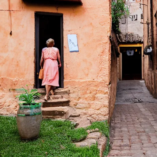 Image similar to A photograph of a Colombian woman in a peach dress, walking away from camera, down a narrow sandstone alley with rough-hewn sandstone building either side, and a varnished wooden door on the right. Ahead is a lantern, attached to the right wall. Late afternoon on a sunny day. 4K 50mm f/1.4