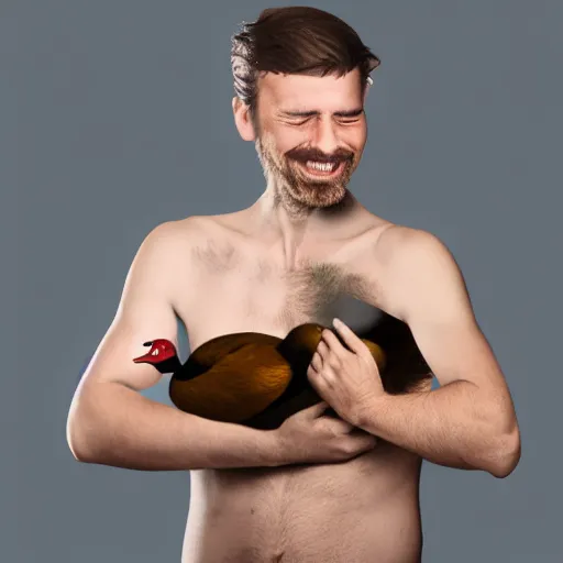 Prompt: a man holding a duck under his armpit, digital art