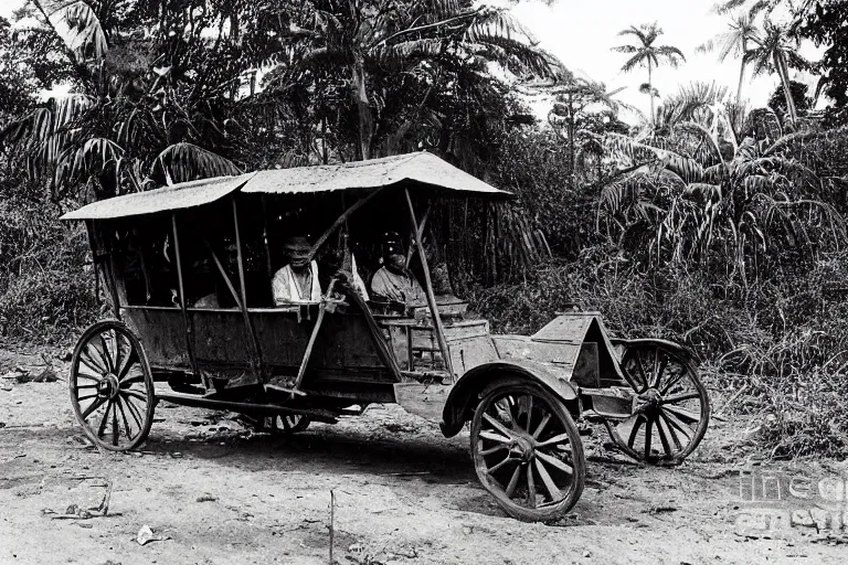 Image similar to a 1905 colonial closeup photograph of a cadillac in a village at the river bank of Congo , Thick jungle, scary, evil looking, wide angle shot