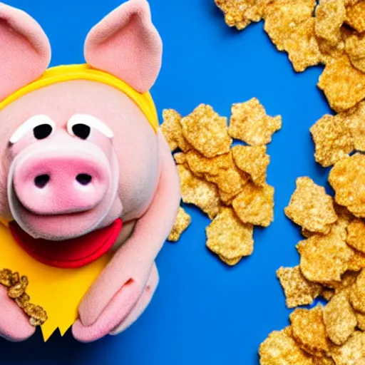 Prompt: studio photograph of a smiling pig depicted as a muppet wearing a gold crown eating pork rind snacks