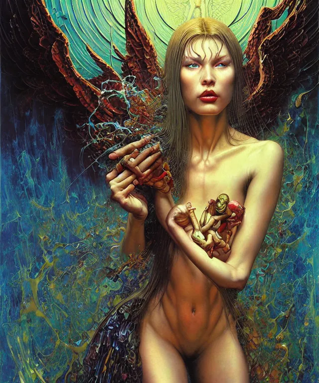 Prompt: realistic detailed image of a girl surrounded by an angel and a demon in an old soviet apartment by Karol Bak, Greg Hildebrandt, and Mark Brooks, Neo-Gothic, gothic, rich deep colors. Beksinski painting, part by Adrian Ghenie and Gerhard Richter. art by Takato Yamamoto. masterpiece