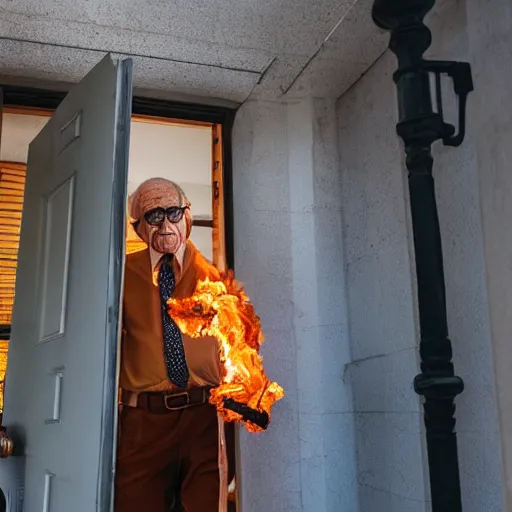 Prompt: an elderly man wearing a shirt on fire in a tie with a cane and thick glasses in the bright sun at the front door. his shirt is on fire. long shot 3 / 4 view