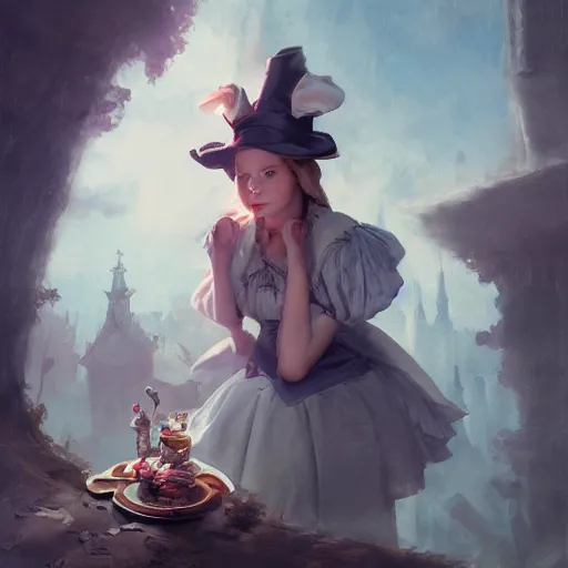 Image similar to portrait of alice in wonderland, dramatic lighting, city background, chiaroscuro, high detail, painted by greg rutkowski, painted by igor kieryluk, painted by bobby chiu, trending on artstation