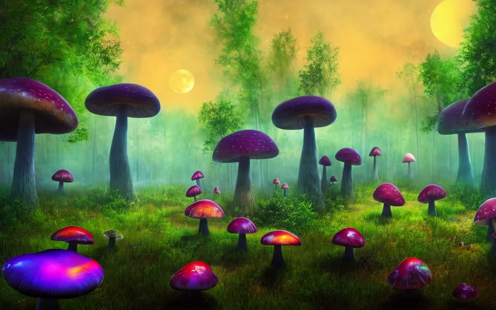 Image similar to a misty swamp with many colorful giant mushrooms, at night, fireflies!, full moon!, many trees!, beautiful lighting, fantasy colors, vivid colors!, highly detailed, octane render, 4 k, trending on artstation