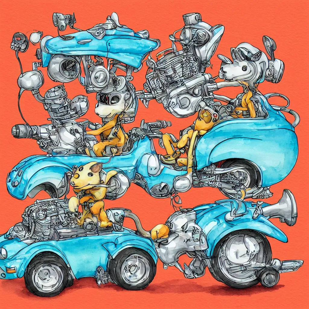 Image similar to cute and funny, squirrel wearing a helmet riding in a hot rod with oversized engine, ratfink style by ed roth, centered award winning watercolor pen illustration, isometric illustration by chihiro iwasaki, edited by range murata, tiny details by artgerm and watercolor girl, symmetrically isometrically centered, sharply focused